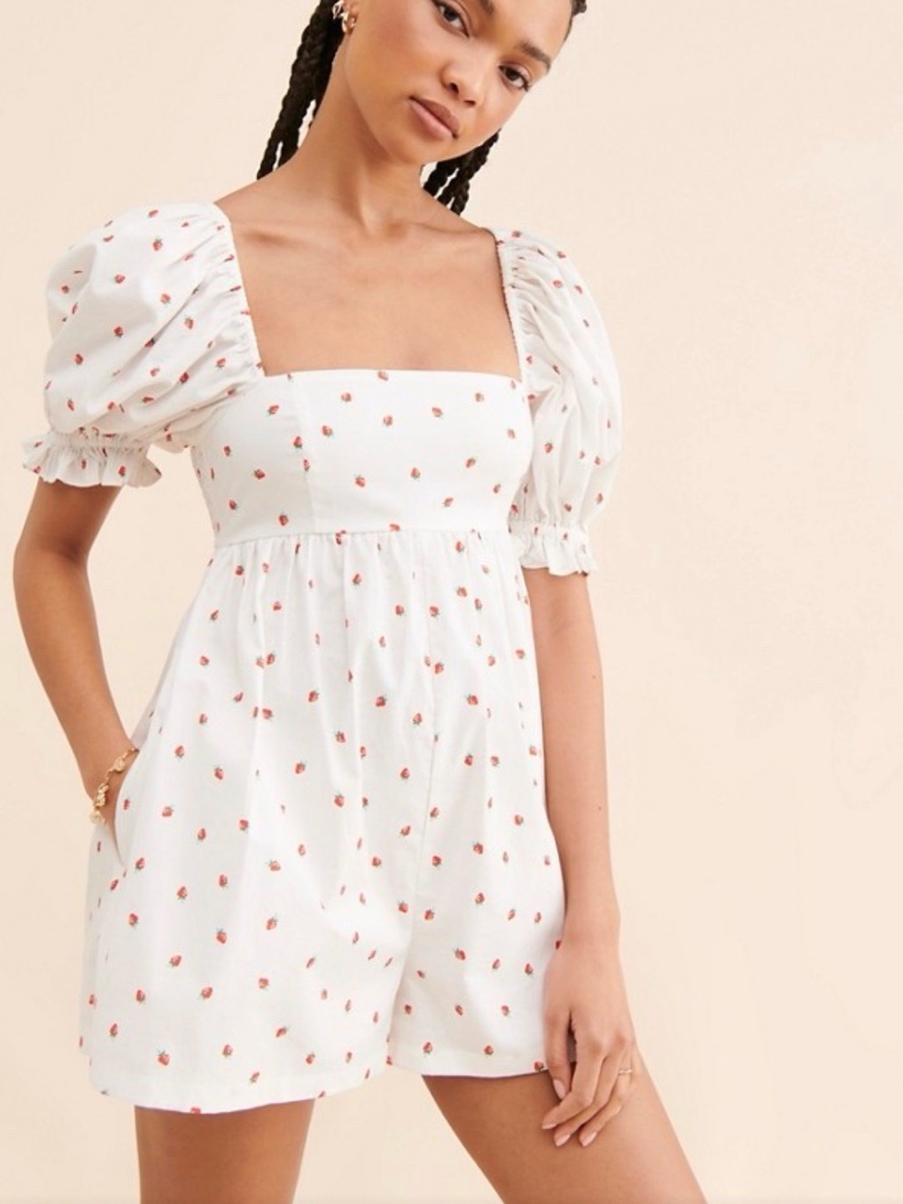 Selkie White Mini Dress with Red Strawberry Print